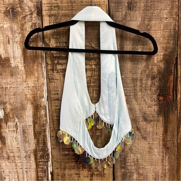 LPA Revolve Eleonora Sequin Halter Top ice blue with Gold Accents XS - Picture 6 of 7